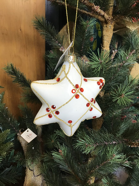 White Glass Star with Red Gems