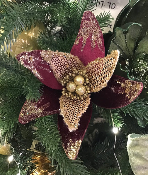 Burgundy Velvet/Gold Encrusted Poinsettia Clip 19cm