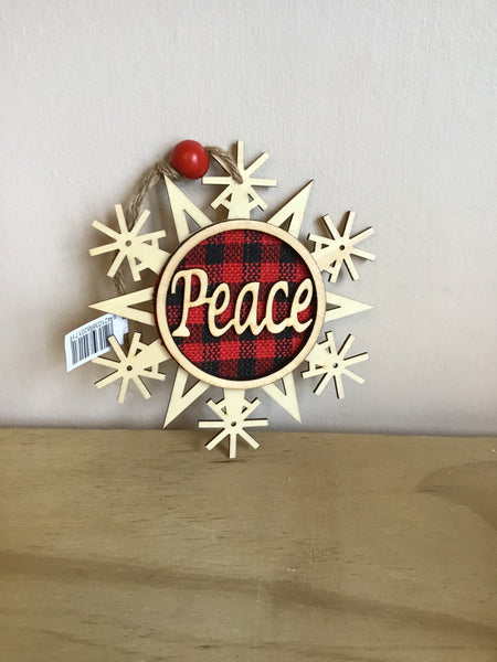 Wooden Snowflake with Peace or Noel