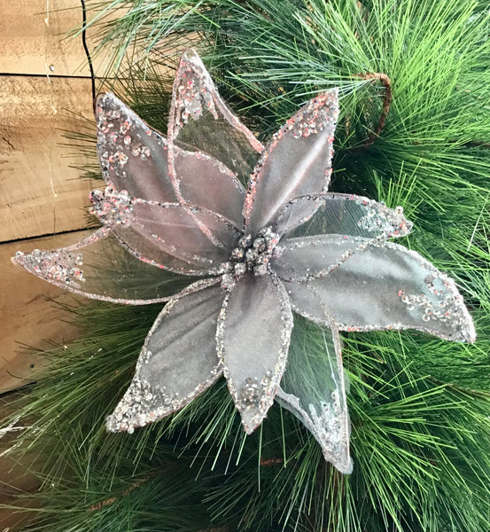 Silver Velvet/Organza Poinsettia Clip 20cm