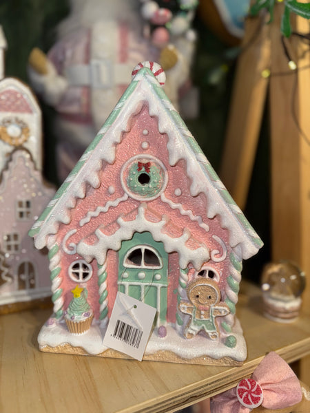 Pastel Gingerbread house stocking holder w/ gingerbread man