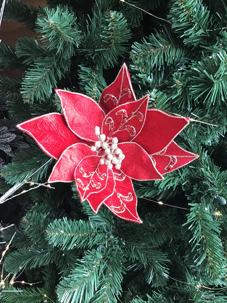 Red Beaded Pattern Leaf Pointsetta on Clip